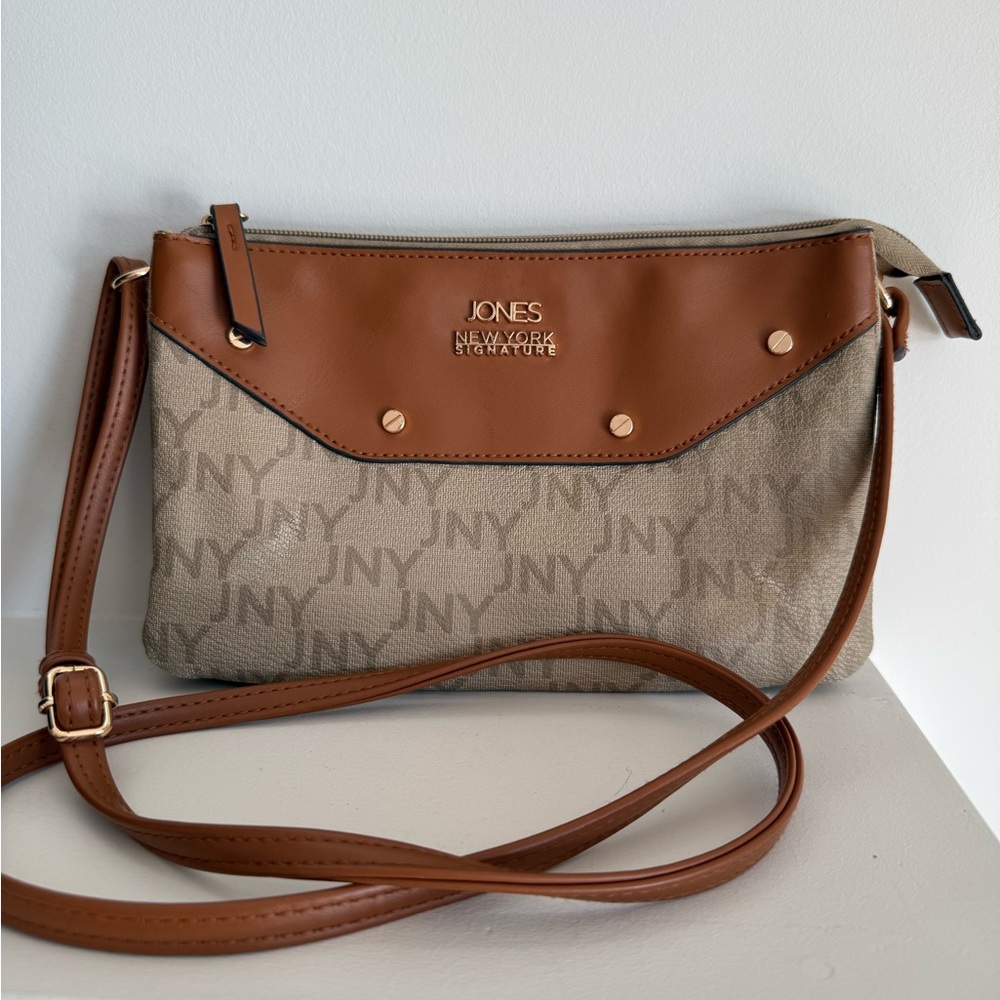 Jones New York Tan & Beige Monogram Crossbody Bag